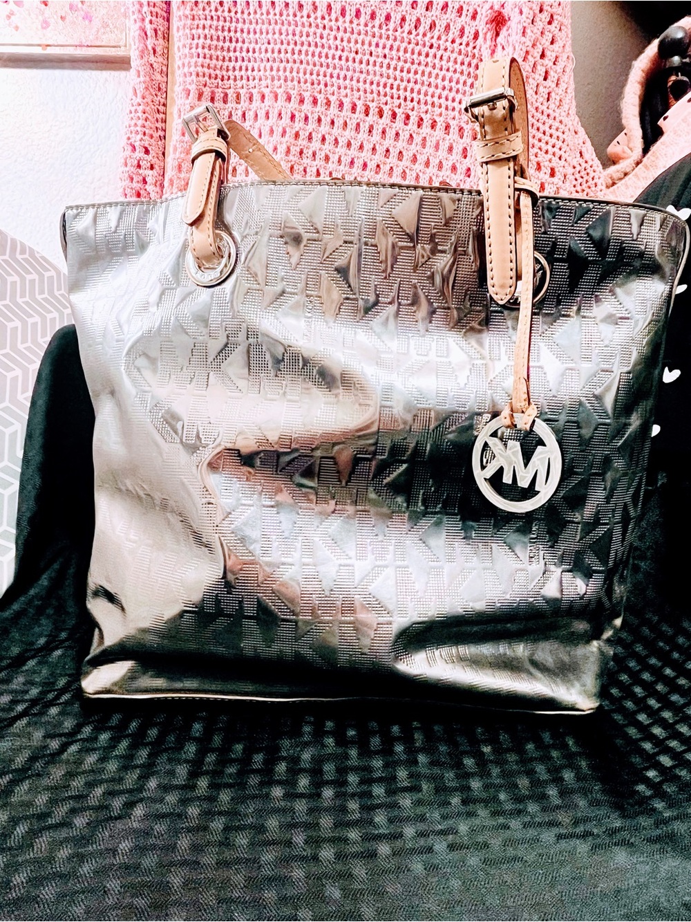 Michael Kors Metallic Silver Tote with Tan Leather Handles